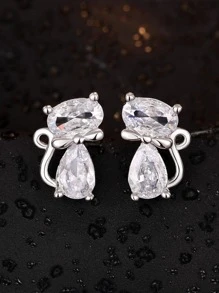 1 Đôi bông tai hình mèo đính đá Cubic Zirconia tinh tế, phù hợp cho nữ, có thể dùng làm quà tặng kỷ niệm, dự tiệc, Ngày Valentine, Ngày của Mẹ cho mẹ. - Bạc - Xem 2