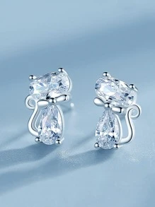 1 Đôi bông tai hình mèo đính đá Cubic Zirconia tinh tế, phù hợp cho nữ, có thể dùng làm quà tặng kỷ niệm, dự tiệc, Ngày Valentine, Ngày của Mẹ cho mẹ. - Bạc - Xem 1