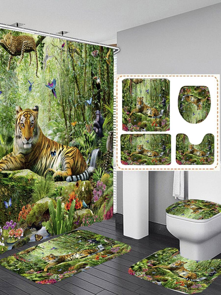 1pc Tiger Pattern Shower Curtain Or 3pcs Bath Mat, Creative Polyester Anti-slip Bath Rug Or Shower Curtain For Bathroom - Apricot - View 1