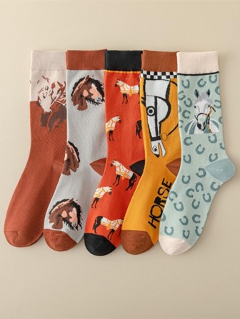 5雙女士馬和字母圖案休閒中筒襪適用於日常生活