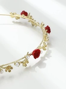 1件装女士仿珍珠花朵装饰时尚细发箍，可作发饰、优雅头饰、情人节礼物、发箍、发圈、发带、发饰、头饰 - 金色 - 查看 3