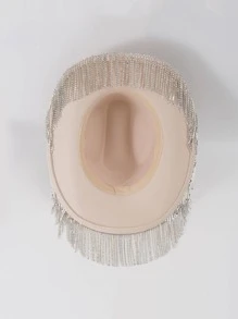 1pc Women Rhinestone Tassel Decor Fashion Fedora Hat For Party - Beige - View 6