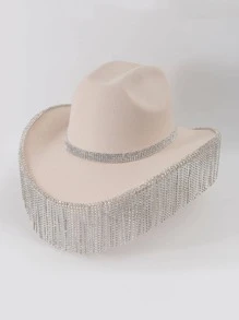 1pc Women Rhinestone Tassel Decor Fashion Fedora Hat For Party - Beige - View 5