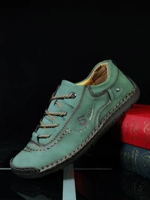 Men Letter Graphic Lace-up Front Dress Shoes, Vintage Green Handmade Shoes - Green - View 1