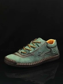 Men Letter Graphic Lace-up Front Dress Shoes, Vintage Green Handmade Shoes - Green - View 2