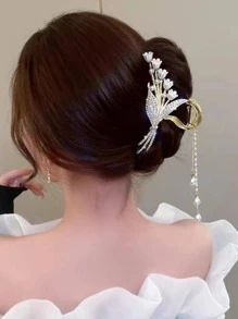 Rhinestone Butterfly & Faux Pearl Trang trí tóc Vuốt tóc - Vàng - Xem 2