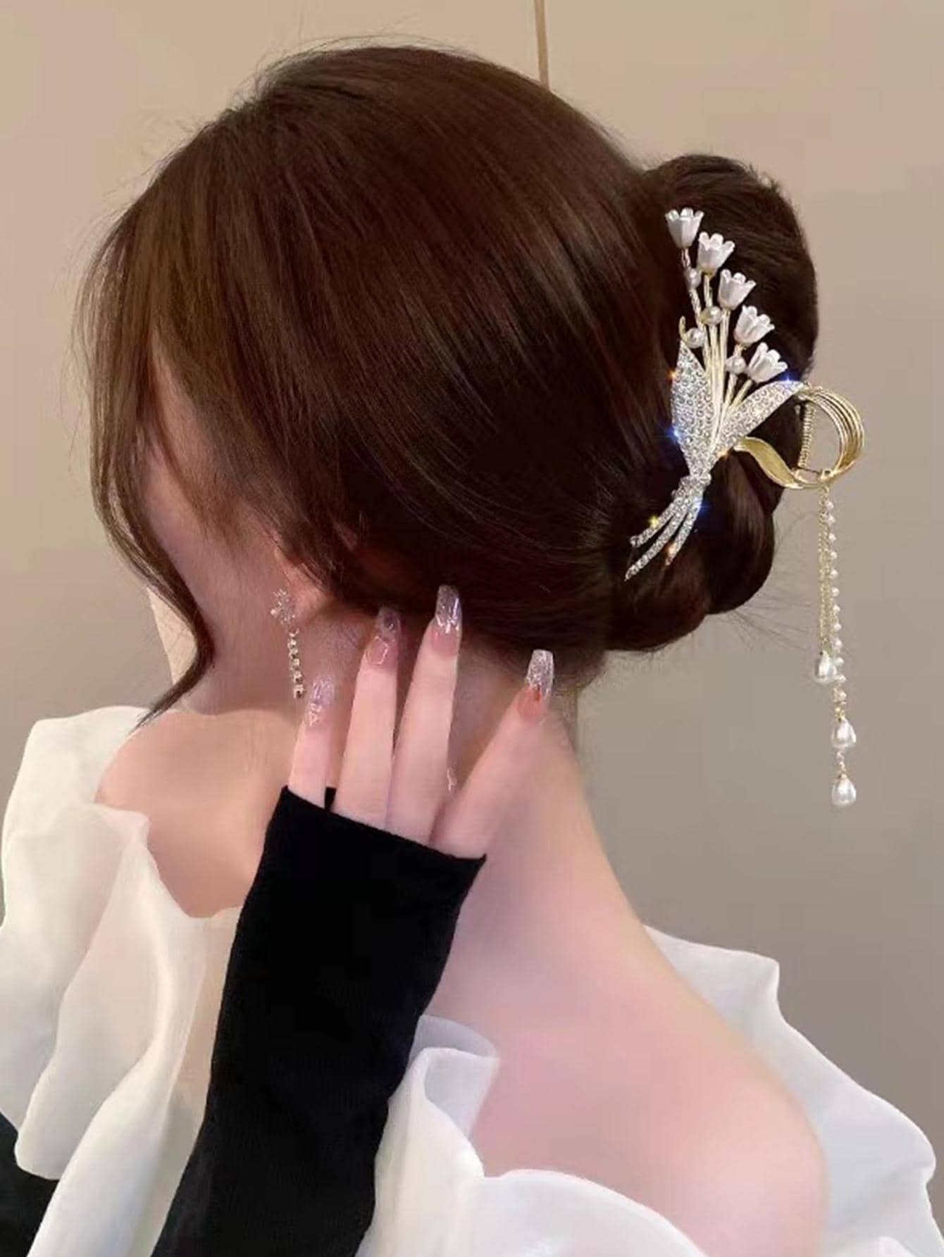 Rhinestone Butterfly & Faux Pearl Trang trí tóc Vuốt tóc - Vàng - Xem 1