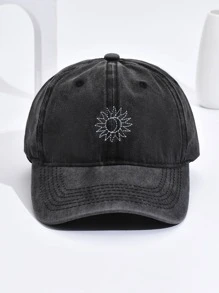 1 pieza Gorra de base vintage con corona suave bordada con sol y luna, unisex, adecuada para exteriores, viajes y uso diario - Gris Oscuro - Ver 3