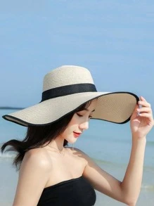 Mũ Rơm Rộng Vành Ràng Buộc Tương Phản - Màu be - Xem 2