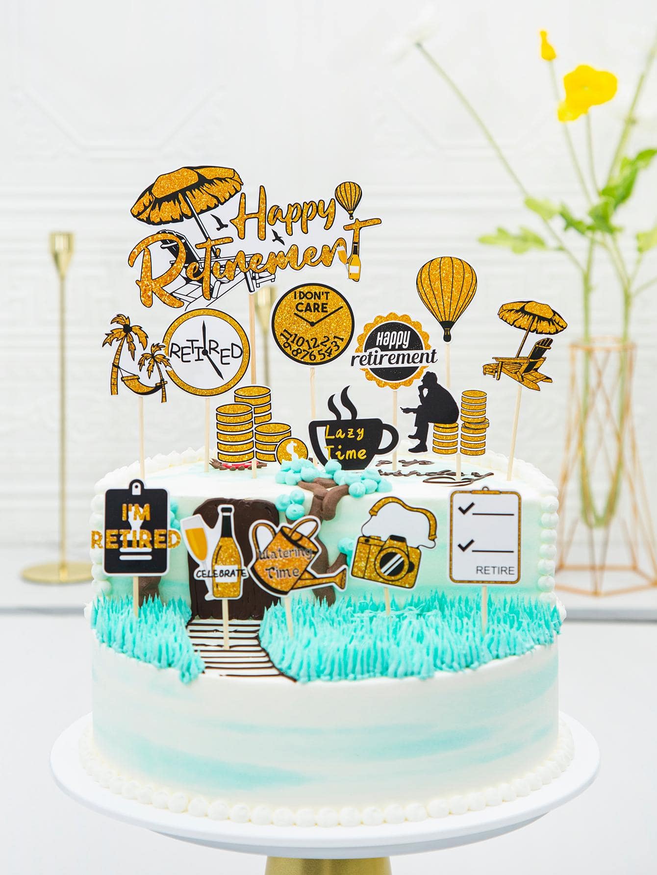 15pcs Retirement Theme Cake Decorations Set For Family Gathering Party ...