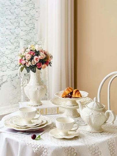 1 Stück geprägte Keramik Teekanne und Tasse Set im Hofstil Design, Haushaltsgeschirr für Nachmittagstee, Schulbedarf, Weihnachtsgeschenk