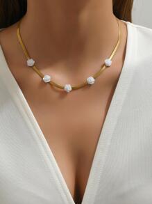 1pc Flat Snake Chain White Flower Shaped Pendant Women'S Stainless Steel Necklace - White - View 1