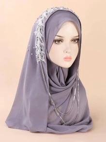 siwen Rhinestone Decor Hijab - Light Grey - View 1
