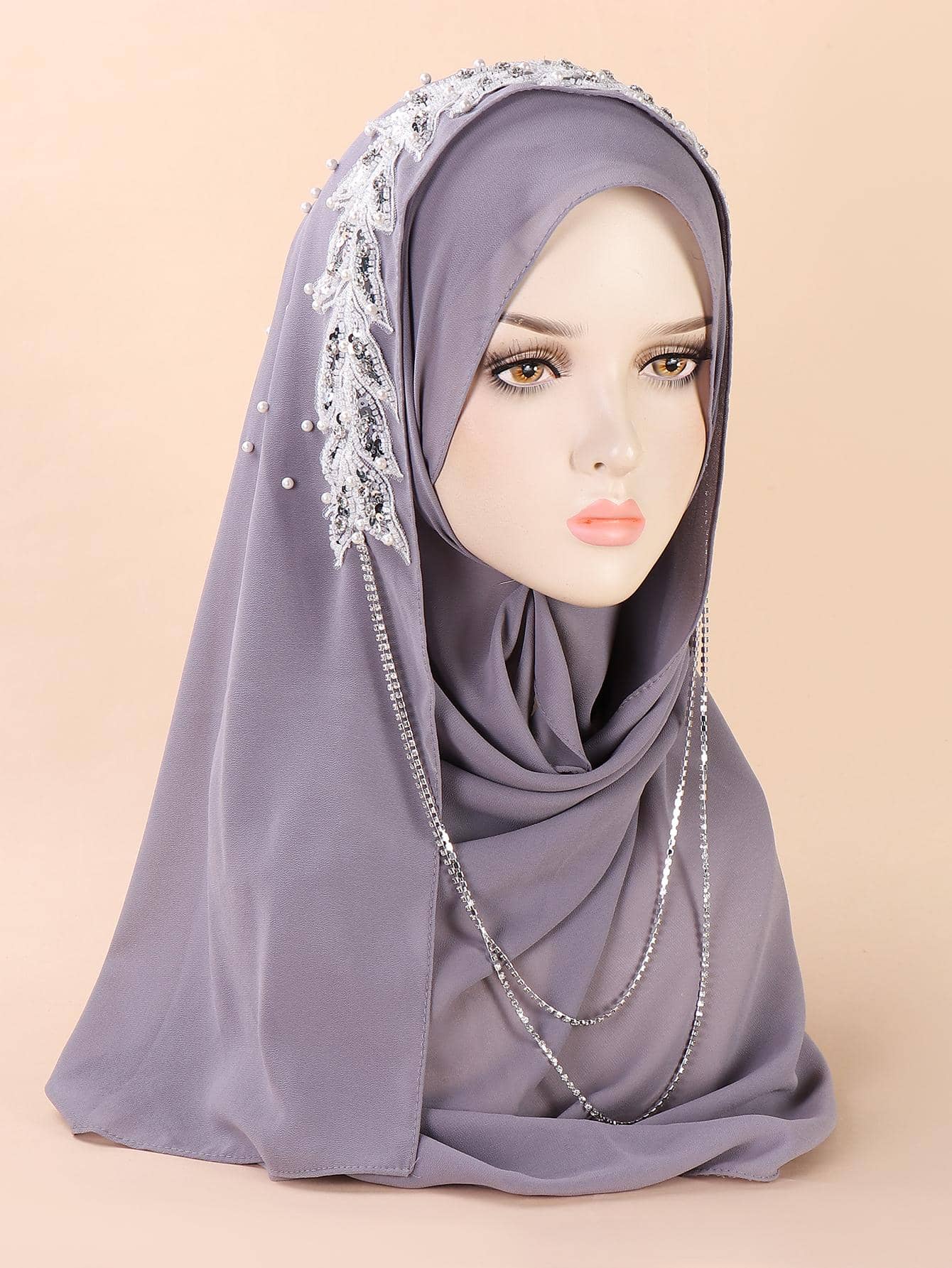 siwen Rhinestone Decor Hijab - Light Grey - View 1