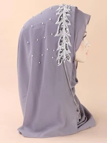 siwen Rhinestone Decor Hijab - Light Grey - View 3