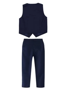 3 piezas/set conjunto de chaleco, pantalones y corbata para chicos jóvenes con diseño unicolor de un solo pecho para primavera y verano - Azul Marino - Ver 2