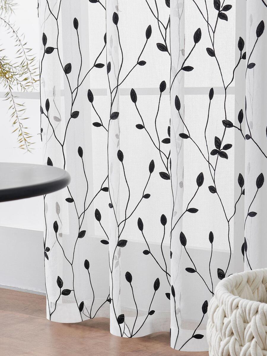 1條帶口袋刺繡透紗窗簾,仿亞麻半透明薄窗簾適用於臥室/客廳,刺繡簾透紗隱私簾,透氣植物簾