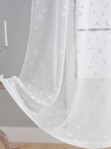 1pc Embroidered Window Curtain/Sheer With Leaf Pattern And Pocket, Faux Linen Floral Semi-Transparent Sheer Curtain For Living Room/Bedroom Privacy Protecting And Decorative Window Curtain, Breathable Flowers&Plants Green Leaves Sheer