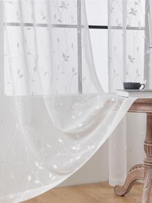 1pc Embroidered Window Curtain/Sheer With Leaf Pattern And Pocket, Faux Linen Floral Semi-Transparent Sheer Curtain For Living Room/Bedroom Privacy Protecting And Decorative Window Curtain, Breathable Flowers&Plants Green Leaves Sheer