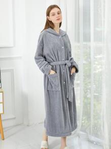 一件珊瑚绒连帽条纹浴袍家居服返校 - 灰色 - 查看 6