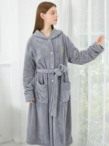 一件珊瑚绒连帽条纹浴袍家居服返校 - 灰色 - 查看 5