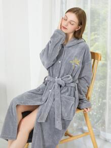 一件珊瑚绒连帽条纹浴袍家居服返校 - 灰色 - 查看 7
