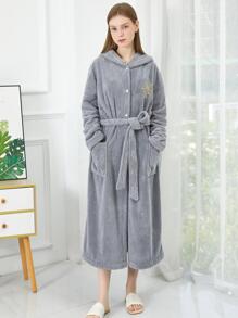 一件珊瑚绒连帽条纹浴袍家居服返校 - 灰色 - 查看 8