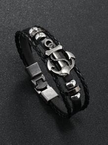 Pulseira masculina de couro com contas estilo punk e pingente de âncora de metal, adequada para uso diário e presente para familiares e amigos - Preto - Ver 1