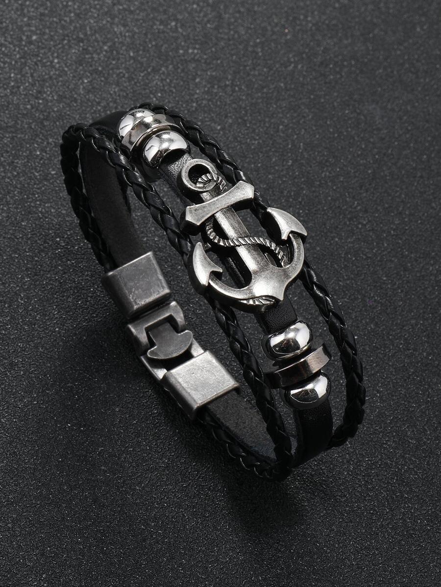 Pulseira masculina de couro com contas estilo punk e pingente de âncora de metal, adequada para uso diário e presente para familiares e amigos - Preto - Ver 1