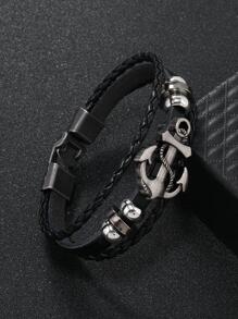 Pulseira masculina de couro com contas estilo punk e pingente de âncora de metal, adequada para uso diário e presente para familiares e amigos - Preto - Ver 5