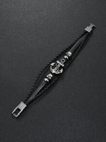 Pulseira masculina de couro com contas estilo punk e pingente de âncora de metal, adequada para uso diário e presente para familiares e amigos - Preto - Ver 3