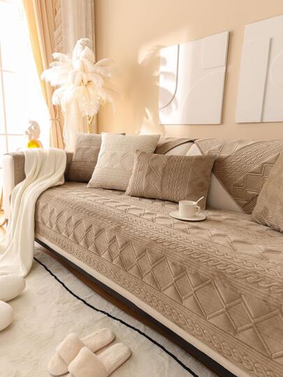 1入組素色幾何絎縫沙發巾，現代滌綸多尺寸客廳防滑毛巾套，四季皆宜