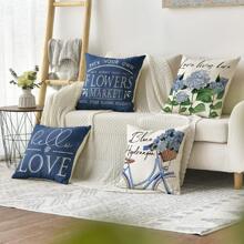 4pcs Letter & Flower Pattern Cushion Cover, Creative Linen Decorative Throw Pillow Case For Home - Blue - View 2