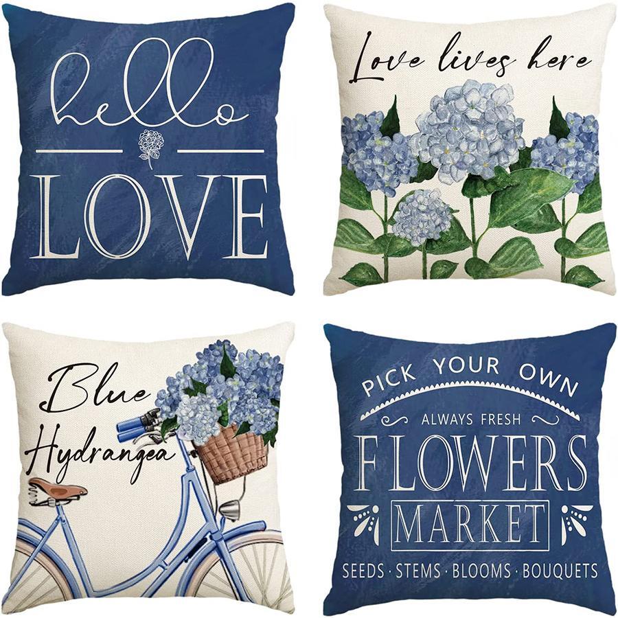4pcs Letter & Flower Pattern Cushion Cover, Creative Linen Decorative Throw Pillow Case For Home - Blue - View 1