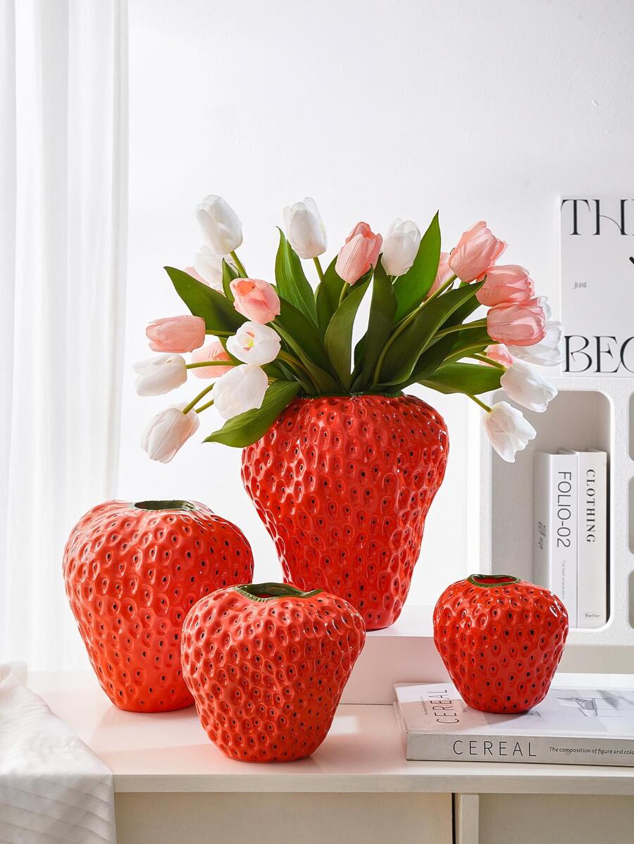 1pc Strawberry Design Flower Vase, Red ABS Cute Decorative Vase For Home Decor,Home Decor,Flower Vase,Centerpiece,Table Decor Gifts Birthday Graduation Room Decor Glass Vase