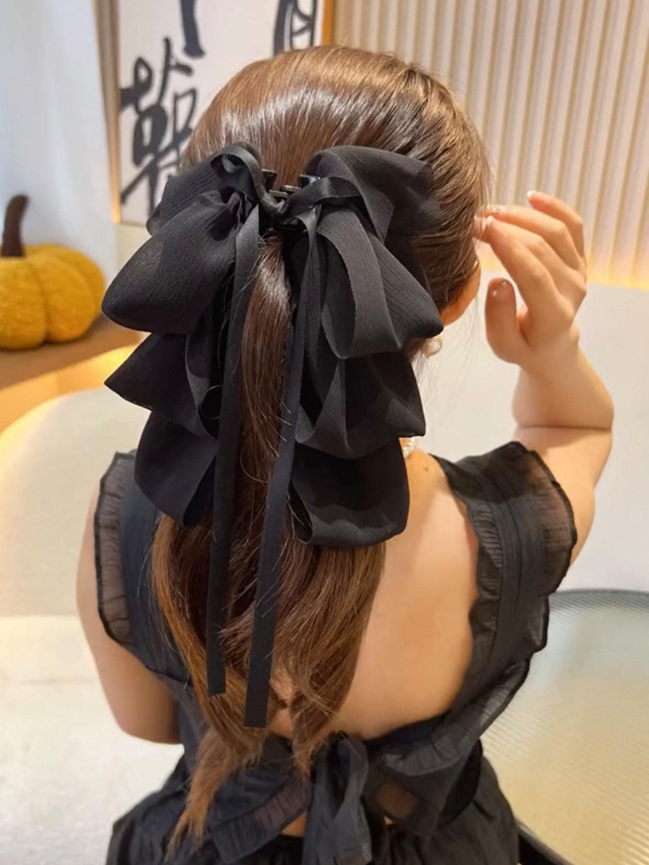 1pc Ladies' Mesh Ribbon Multi-Layer Bowknot Hair Clip With Streamers For Everyday Use Elegant - Black - View 1