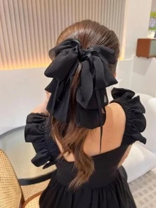 1pc Ladies' Mesh Ribbon Multi-Layer Bowknot Hair Clip With Streamers For Everyday Use Elegant - Black - View 2