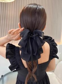 1pc Ladies' Mesh Ribbon Multi-Layer Bowknot Hair Clip With Streamers For Everyday Use Elegant - Black - View 4