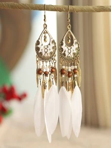 Boho Conta & Pena Pendão Brincos Pendentes Para Mulheres Para Decoração Diária