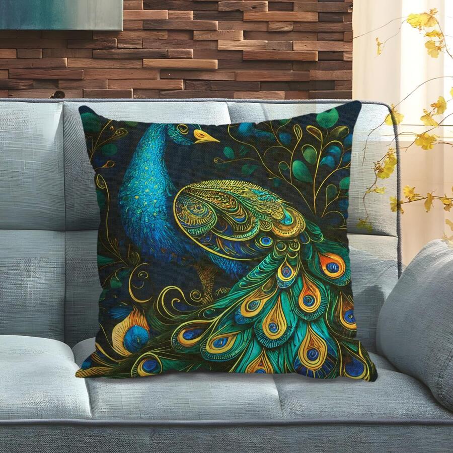 1入組孔雀圖案靠墊套，現代滌綸裝飾抱枕套，適合家居，四季皆宜 - 彩色 - 查看 1
