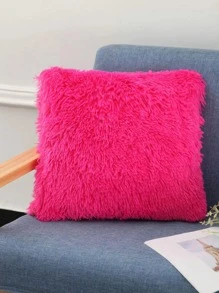 1pc Solid Color Fuzzy Cushion Cover, Simple Flannelette Decorative Throw Pillow Case For Home - Watermelon Pink - View 4
