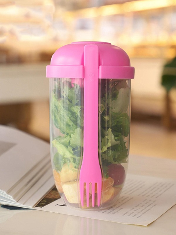 1pc Solid Color Salad Cup Container With Fork