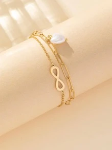 無窮象徵和人造珍珠裝飾分層手鏈 - 金黃色 - 查看 1