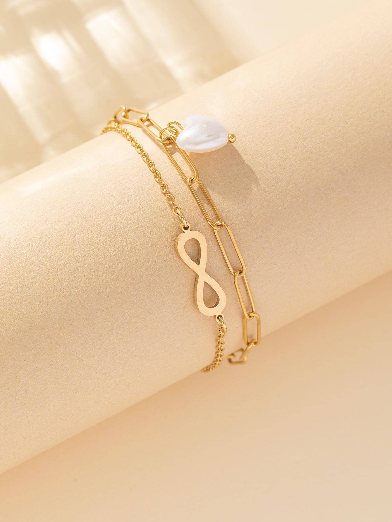 無窮象徵和人造珍珠裝飾分層手鏈 - 金黃色 - 查看 1
