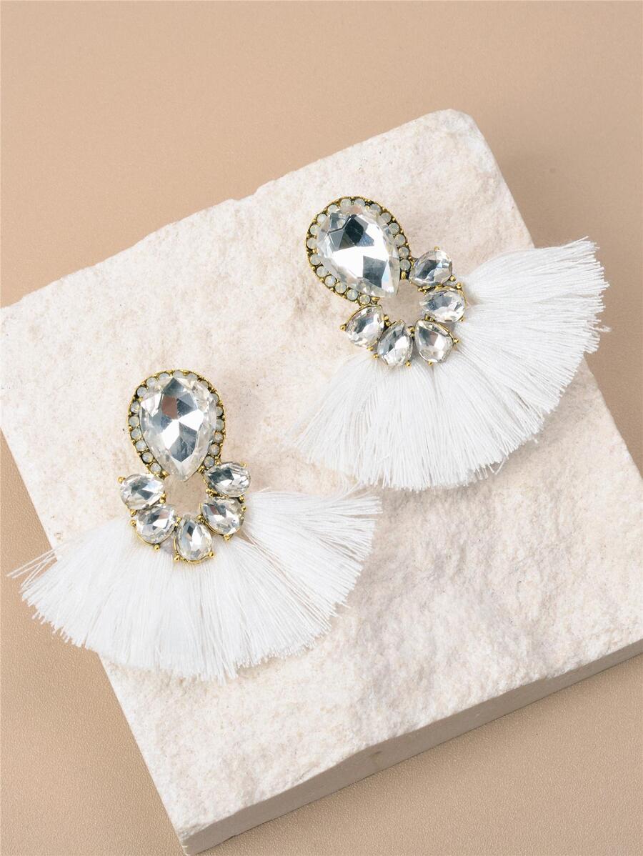 水鑽裝飾流蘇耳墜 - 白色 - 查看 1