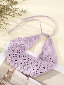 1pc Women Hollow Out Floral Pattern Boho Crochet Hair Band For Daily Life Headband Turban Headband Sweatband, Hairband Fall Winter Hair Accessories For Women For Vacation Outfits Woman Elegant Scarf Women Bandanas Soft Headwrap - Purple - View 3