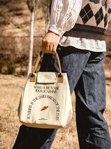 1 Khẩu Hiệu Đồ Họa Túi Đựng Đồ Ăn Trưa, Chất Liệu Vải Hiện Đại Cách Nhiệt Túi Đựng Đồ Ăn Trưa Cho Văn Phòng Làm Việc Trường Dã Ngoại Bãi Biển - Màu be - Xem 3