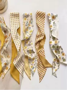 5pcs Women Polka Dot & Floral Print Fashion Silk Scarf For Daily Life Elegant Bandana,Hair Band,Head Band Ideal For Dressing Up Your Look - Multicolor - View 2