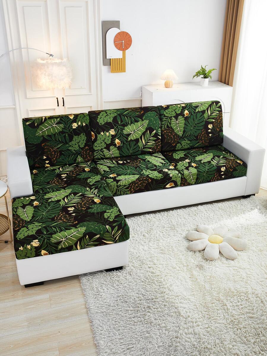 1入組葉子圖案彈性沙發座墊套不附帶填充物彩色綠色滌綸沙發套 - 綠色 - 查看 1