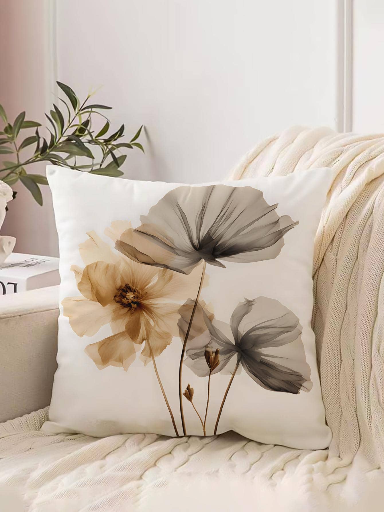 1pc Plant Print Cushion Cover Without Filler, Modern Fabric Decorative Throw Pillow Case For Home - Multicolor - View 1